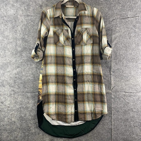Soft Surroundings Tops - Soft Surroundings Button-Up XS Petite Tan Plaid Printed Tunic